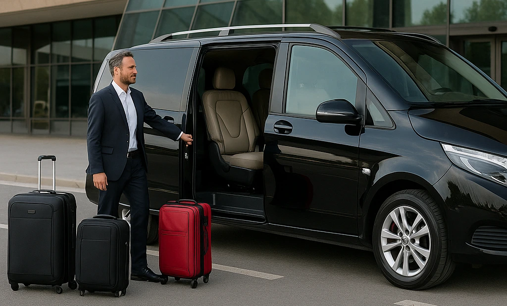 A driver welcoming customers to their van.